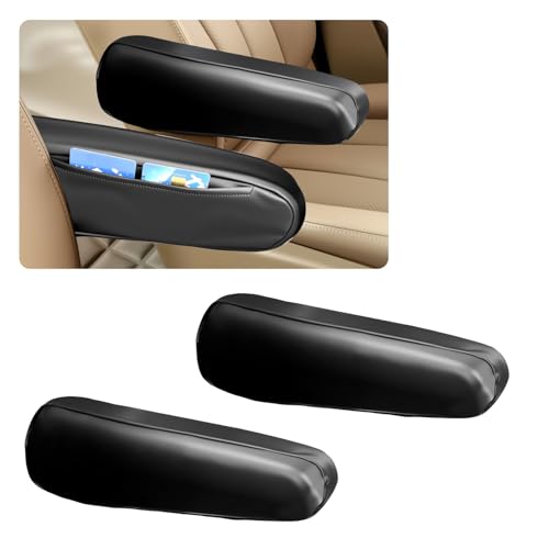 2PCS Car Armrest Cover,Leather Arm Rest Cover for Car with Side Pockets for Avoiding Scratches and Scuffs,Upgraded Cars Arm Rest Covers Pad as Cars Storage for Most Vehicles - color: Leather Black