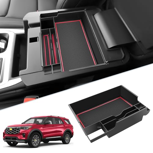 SKTU for 2024 2025 2026 Ford Explorer Accessories Center Console Organizer for 2020-2026 Ford Explorer Console Tray 2023 2024 2025 2026 Explorer Middle Console Organizer with Coin Holder (Red) - color: for 2020-2026 Explorer Red