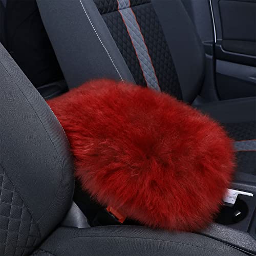 Frienda Furry Armrest Cover Auto Center Console Cover Car Soft Console Pad, Real Sheepskin Wool Soft Fluffy Auto Center Armrest Pad for Most Car Decoration Protector(Wine Red) - color: Wine Red