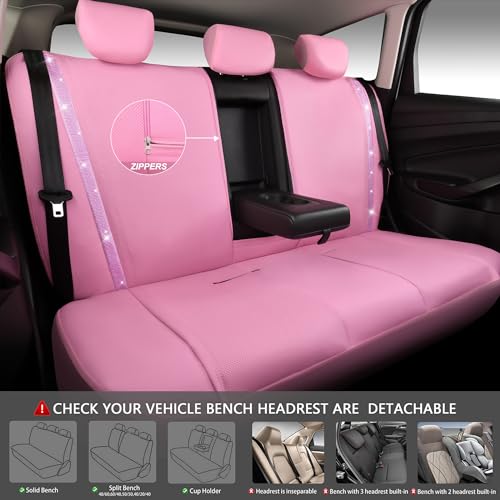 CAR PASS Bling Diamond Car Seat Covers Full Set, Shining Rhinestone Waterproof Faux Leather, Rear with Zipper, Universal Fit Automotive Glitter Crystal Sparkle Strips for Cute Women Girl, Pink - color: Pink Leather, size: Full Set