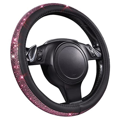 CAR PASS Bling Diamond Leather Steering Wheel Cover, Bling Sparkly Crystal Glitter Rhinestones Universal Fit 14" 1/2-15" Car Wheel Protect for Women Girl Fit Suvs,Vans,Sedans,Cars,Trucks, Pink Black - color: Pink Diamond on Velvet