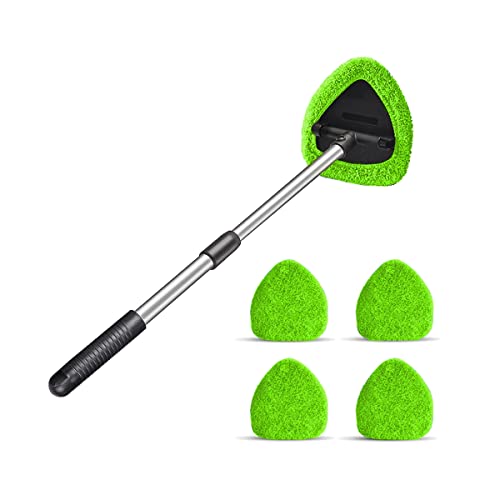 Windshield Cleaning Tool, Car Window Cleaner with 4 Washable Reusable Microfiber Pads, Extendable Long Handle Glass Wiper Cleaning Kit, Auto Accessories Universal for Office and Home (Green) - color: Green