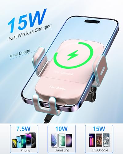 CHGeek Wireless Car Charger, 15W Fast Charging Auto Clamping Car Charger Phone Mount Phone Holder fit for iPhone 15 14 13 12 11 Pro Max Xs, Samsung Galaxy S24 Ultra S23 S22 S21, S20, S10+, Pink - color: Pink
