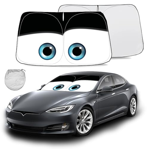 Gven Windshield Sun Shade for Tesla Model Y/3 Accessories 2025 Car Front Window Shade 100% Blackout Dual-Sided UV Protection (Black Eyes) - color: Black, size: Tesla Model Y/3 (Custom Fit)