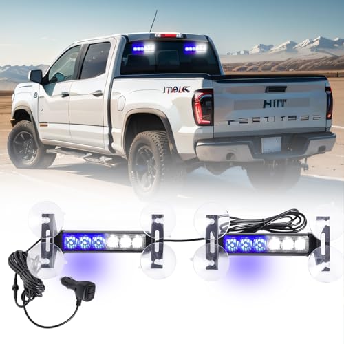 2X 6.1 inch Blue White Emergency Strobe Lights 12 LED Hazard Warning Flashing Safety Dash Front/Rear Windshield Lights Grill Surface Mount for Police Firefighter Ambulance Vehicles Trucks - color: Blue/White