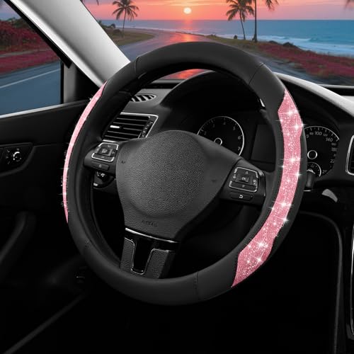 PIC AUTO Steering Wheel Cover, Hot Pink Sparkly Crystal Bling Glitter with Leather, Universal Fit 14.5"-15.5" Car Steering Wheels for Girls & Women, Anti-Slip Wheels Cover for Cars, Trucks, Van, SUVs - color: Hot Pink Glitter