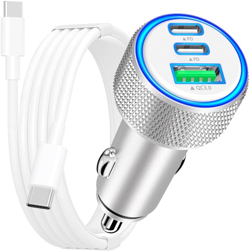 [Apple MFi Certified] iPhone 17 Car Charger, Rombica 3-Port 67W Dual USB-C&USB-A Car Power Cigarette Lighter PD/QC Type-C Fast Car Charger with Type-C Cable for iPhone 17/17 Pro Max/16 Pro/15 Pro/iPad - color: Bright Silver