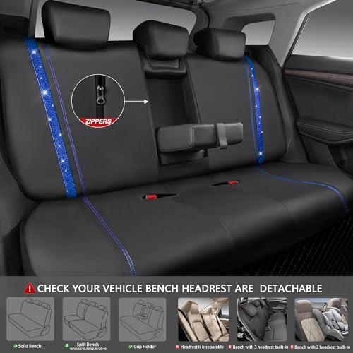 CAR PASS Bling Diamond Car Seat Covers Full Set, Shining Rhinestone Waterproof Faux Leather, Rear with Zipper, Universal Fit Automotive Glitter Crystal Sparkle Strips for Cute Women Girl, Blue - color: Blue Diamond, size: Full Set