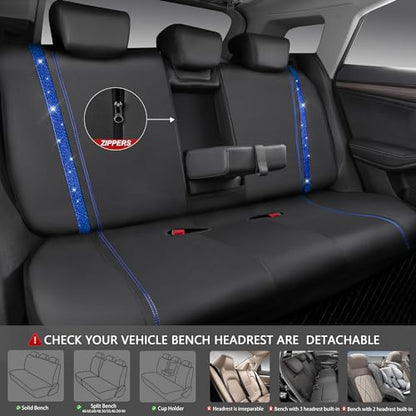 CAR PASS Bling Diamond Car Seat Covers Full Set, Shining Rhinestone Waterproof Faux Leather, Rear with Zipper, Universal Fit Automotive Glitter Crystal Sparkle Strips for Cute Women Girl, Blue - color: Blue Diamond, size: Full Set