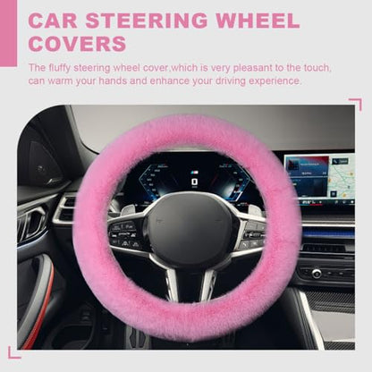 5PCS Fluffy Car Steering Wheel Cover Set, Includes Faux Fur Gear Shift Cover & Handbrake Cover & Steering Wheel Protector & 2 Seat Belt Shoulder Pads, Winter Fuzzy Warm Car Accessories (Pink) - color: Pink
