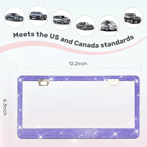 2 Pack License Plate Frames for Women, Sparkly Rhinestone Diamond Car Accessories with Glitter Crystal Caps (Purple (2PCS)) - color: Purple (2PCS)