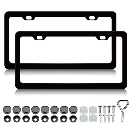 2 Pack Matte Black License Plate Frames - Aluminum Metal License Plate Holder for Men Women Car Tag Frame with Screws Fasteners Caps (2 Holes) - color: Balck A