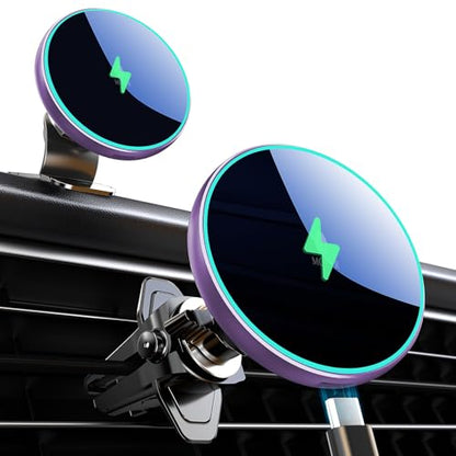 MOKPR for Magsafe Car Mount Charger-15W Wireless Car Charger-Magnetic Car Phone Holder for Dash Air Vent-LED RGB HandsFree Car Mount Fast Car Charger for iPhone 14/13/12 Series - color: Purple