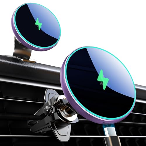 MOKPR for Magsafe Car Mount Charger-15W Wireless Car Charger-Magnetic Car Phone Holder for Dash Air Vent-LED RGB HandsFree Car Mount Fast Car Charger for iPhone 14/13/12 Series - color: Purple