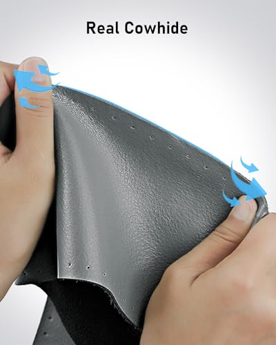 Belinous Leather Steering Wheel Cover Lace Up, Stitch on Steering Wheel Wrap, Universal Fit 13-20 Inch Car Truck Pickup Boat, A Whole Piece of Cowhide, DIY w/Needle Thread (Size L0, Gray) - color: Gray, size: L0