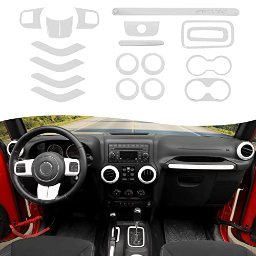 CheroCar 18PCS Interior Trim Kit for Jeep Wrangler JK JKU 2011-2018 4 Door,Steering Button Frame, Air Conditioning Vent Trim Cup Holder Cover,Gear Shift Knobs Frame,White,… - color: White