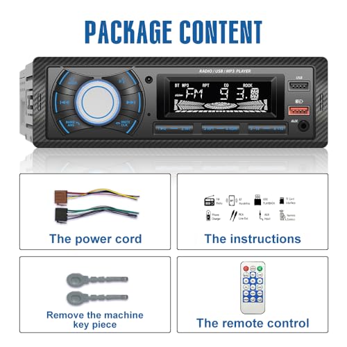 Kunfine Audio Systems Car Stereo - Single Din, Voice Control, Bluetooth, No CD DVD Player, FM Radio Receiver, Wireless Remote Control, MP3, 2 USB(2.1A Charger), Aux-in