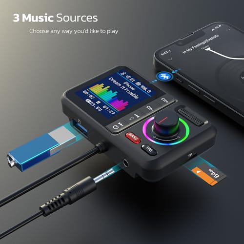 Nulaxy Bluetooth FM Transmitter for Car, Wireless Car Bluetooth V5.0 Adapter with Big Color Screen, Support QC3.0 Fast Charging, Hands-Free Call, MP3 Music Player BASS&TRE Booster, TF Card AUX-KM28 - color: Black