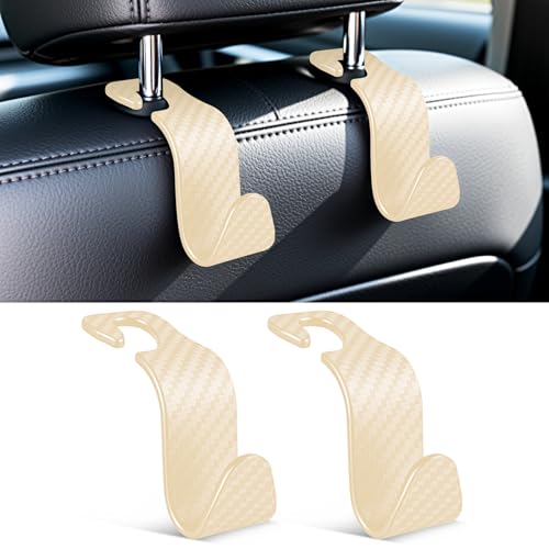 SINGARO Universal 2 Pack Car Seat Headrest Purse Hook, Carbon Fiber Back Seat Hook Storage Organizer Hanger for Purse Handbag Coat, Car Interior Accessories(Beige) - color: Beige, size: 2pc