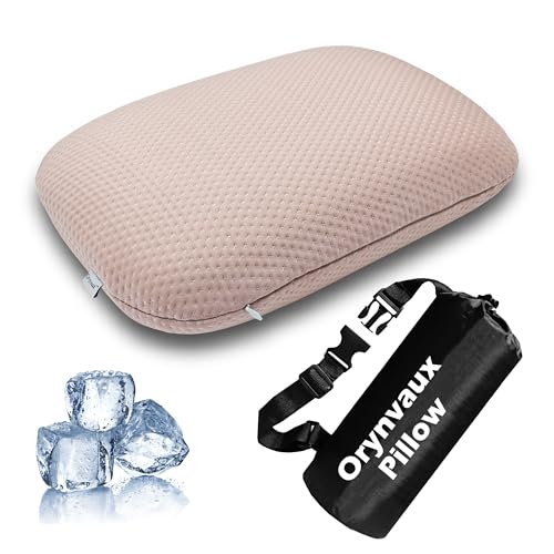 Cooling Camping Pillow, Memory Foam Travel Pillow with Adjustable Buckle Strap & Storage Bag, Compact Small Pillow for Airplane, Car Lumbar, Office, Washable Cooling Cover, Sakura Pink - color: Sakura Pink, size: S-14.9*10.2*3.6in