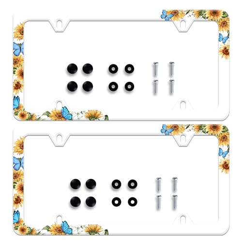 2 Pieces Blue Butterfly Sunflower License Plate Frame Funny License Plate Frames Personalise Stainless Steel Design Compatible with Standard License Plate Holder for USA and Canada 6 X 12 with Screws - color: Blue Butterfly Sunflower 2 pieces
