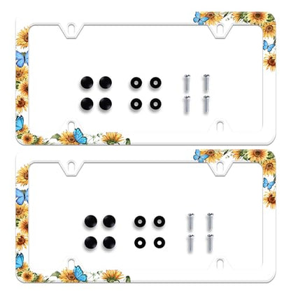 2 Pieces Blue Butterfly Sunflower License Plate Frame Funny License Plate Frames Personalise Stainless Steel Design Compatible with Standard License Plate Holder for USA and Canada 6 X 12 with Screws - color: Blue Butterfly Sunflower 2 pieces