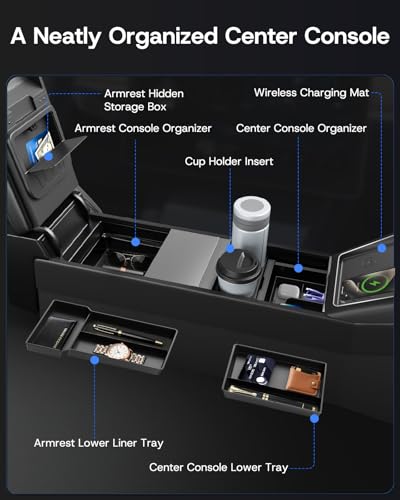 9PCS Center Console Organizer Tray for Tesla Model 3 Accessories 2024 2025 2026 [Premium PC + Silent Silicone Liner] Bottom Liners Armrest Privacy Hidden Storage Cup Holder Wireless Charging Pad - size: Model 3 Highland