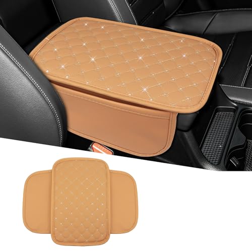 wuyaoyao Bling Car Center Console Cover, 11.81"×7.87" Leather Auto Arm Rest Cover Protector with 2 Storage Bags, Vehicle Crystal Rhinestone Armrest Cushion Pad, Interior Car Accessories (Yellow) - color: Yellow