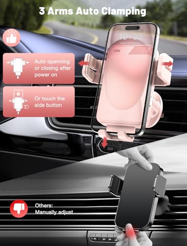 Wireless Car Charger, MOKPR Auto-Clamping Car Mount 15W/10W/7.5W Fast Charging Air Vent Car Phone Mount Compatible with iPhone 15/14/13/13 Pro/12 Pro Max/12 pro/12/11/10 Series, Samsung Galaxy Pink - color: Pink