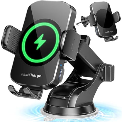 Wireless Car Charger, Fast Charging Phone Holder 3 in 1 Phone Mount Auto Clamping Car Accessories Compatible with iPhone 17 16 15 14 13 12 11 Xs XR, Samsung S23 Ultra S22 S21 S20/S10+ S9+ Note 9 - color: Black