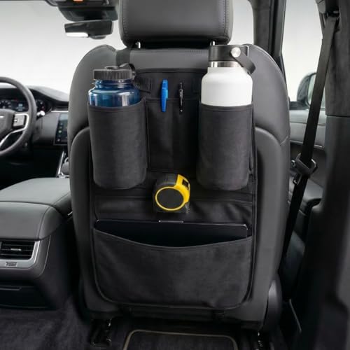 Swigzy Premium Seat Back Organizer & Kick Mat Protector with Large Water Bottle Holders - Cordura Nylon Auto Storage - Laptop Pocket & Sag-Free Adjustable Fit