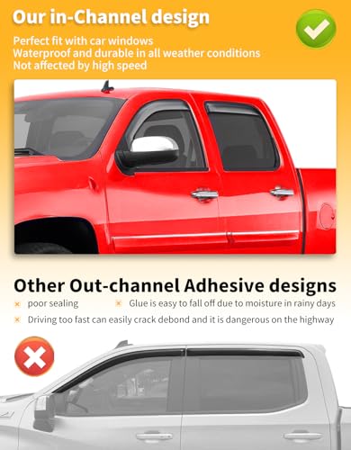 in-Channel Window Rain Guards Fit for Truck Chevrolet (Chevy) Silverado/GMC Sierra 2007-2013 Crew Cab Extra Durable Window Deflectors Window Visors Vent Shades Vent Visors Car Accessories - size: Fit for 2007-2013 Silverado/ Sierra Crew Cab