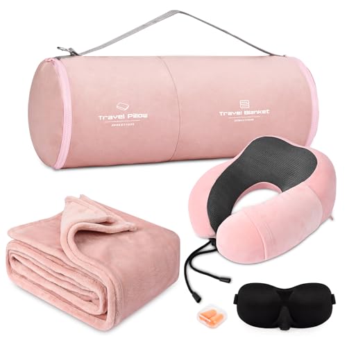 urnexttour Travel Pillow and Blanket Set Neck Pillows Travel Essentials with Sleep Mask for Airplane Car Memory Foam Pink - color: A-pink