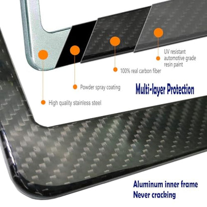 Aootf Carbon Fiber License Plate Frame- Handcrafted of 100% Real Carbon Fiber Cloth Wrap Stainless Steel Frame | Rustproof License Plate Screws with CF Screw Caps | Gloss Black 2 Holes | 1 Pack - style: 1 Pack-Wide Edge 2 Hole