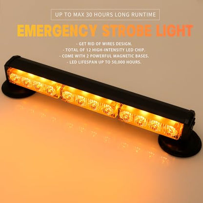 14" Battery Powered Emergency Strobe Lights Bar for Truck Vehicle Trailer Rechargeable Roadside Wireless Rooftop Mini Hazard Flashing LED Beacon Warning Light w/Magnetic Base (Amber) - color: #02 Amber/Amber/Amber, size: 14 inchs