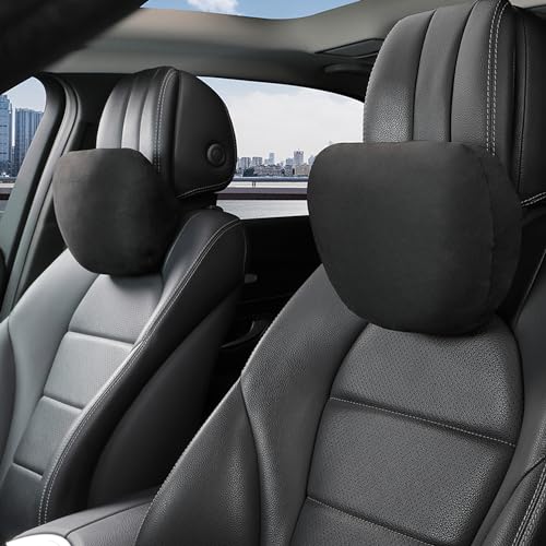 2pcs Car Neck Pillow for headrests,Support Drive Seats Head Cushion Pillows,Superfiber Suede,Plant-Based Polyester,Thickness & Height Adjustable,11.8x7.5,Inner Liner fillable (Black Color) - color: Black Color, size: Car Neck Pillow (2 Pack)