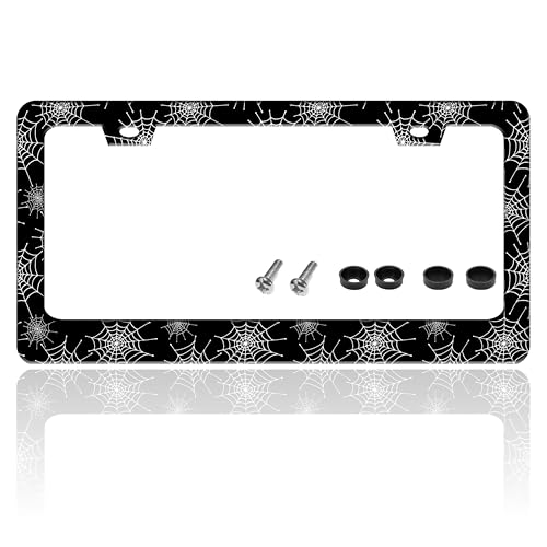 Spider Web License Plate Frame Gothic Style License Plate Holder Halloween for Front or Rear Car Tags Reusable Stainless Steel Funny Car Decoration with Screws 6.3 X 12.2 in - color: Spider Web