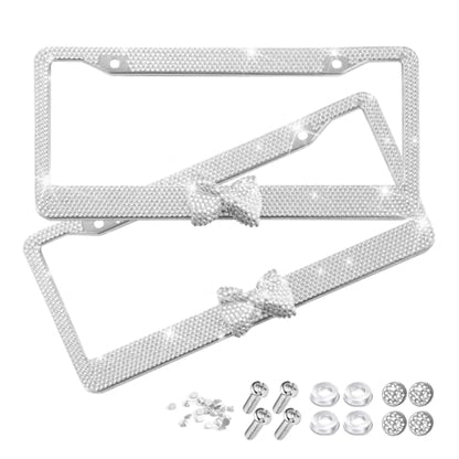 Bling Car License Plate Frame for Women, 2PCS Crystal Rhinestone Stainless Steel Vehicle Plate Holder, Glitter Diamond Sparkly Auto Plate Cover Accessories, Universal Fit (White/White Bow) - color: White/White Bow