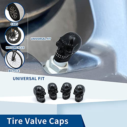 Tires Skull Valve Stem Caps Universal Fit Most Cars SUV Bike Trucks Motorcycles 4 Pcs/Set(Black) - color: black