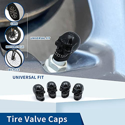 Tires Skull Valve Stem Caps Universal Fit Most Cars SUV Bike Trucks Motorcycles 4 Pcs/Set(Black) - color: black