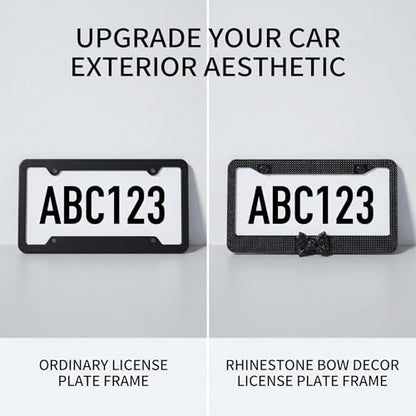 Fashion Premium Handmade Crystal License Plate Frames,Waterproof Bling License Plate Covers,US Universal Rhinestone License Plate Holder for Women(1 Frame,Black Frame Black Bowknot)