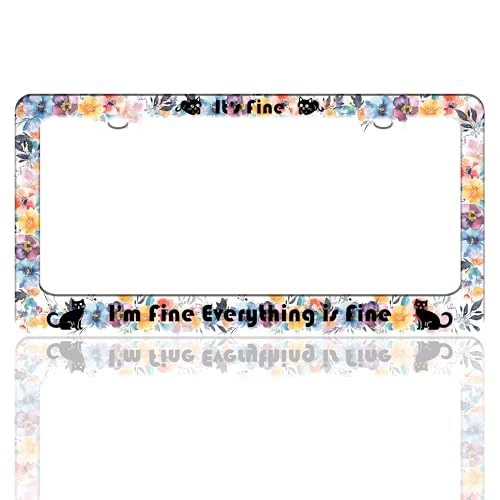 Cat License Plate Frame It's Fine I'm Fine Everything is Fine Stainless Steel License Plate Holder for Front and Rear Car Tags Funny for Car Decoration Accessories Screws 6.3 X 12.2 in for Women Men - color: Cat