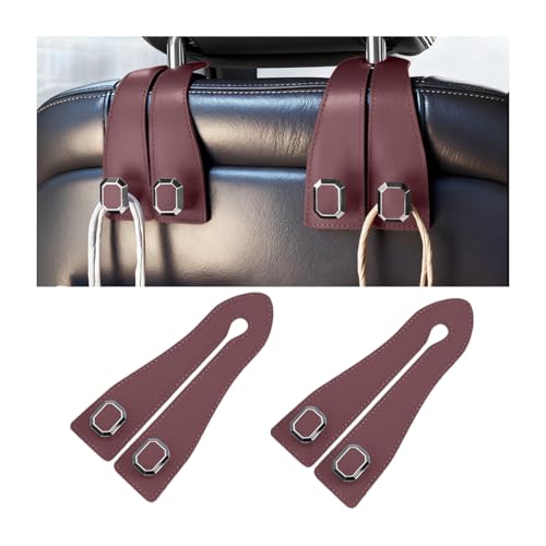 2PCS Car Headrest Hooks, Nappa Leather Metal Vehicle Double Seat Back Storage Hook for Purse Bag Coat, Multifunctional Automotive Interior Hanging Hanger, Universal Fit (Brown) - color: Brown