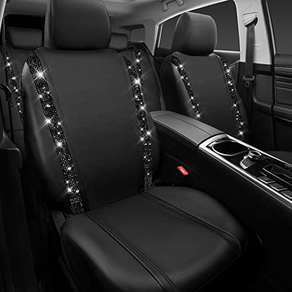 CAR PASS Bling Diamond Car Seat Covers,Shining Rhinestones Waterproof Faux Leather, 8 Seats 3 Rows with Zipper Glitter Crystal Sparkle Strips Universal Fit 95% MPV,SUV,CAR for Women Girl, Black - color: Solid Black Seats Eight, size: Full Set