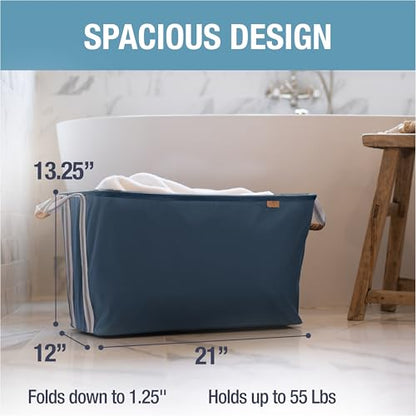 CleverMade Collapsible Laundry Basket LUXE 2 Pack – 60 L (16 Gal) Foldable Cotton Blend Clothes Hamper with Vegan Leather Accents, Reinforced Handles, Space Saving Laundry Bin Holds 55 lbs - Navy - color: Navy Noir