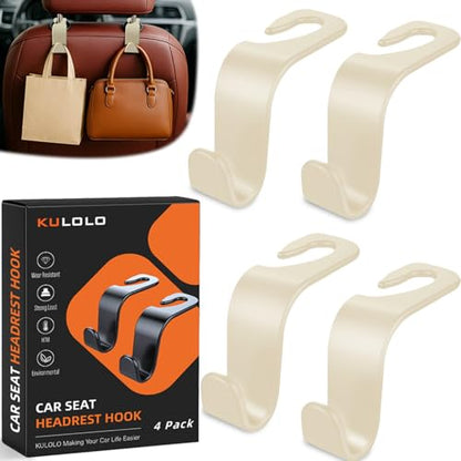 Car Seat Hooks & Purse Holder - 4 Pack Boxed,55 lb Heavy Duty,Eco PP Car Hooks for Purse/Bag/Baby Gear/Gym Bag/Groceries/Cup/,Fits 0.32-0.55”Car Headrest Rods (Beige) - color: Beige