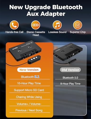 arsvita 5.1 Bluetooth Cassette Adapter, Car Audio Bluetooth Cassette Receiver, Cassette Bluetooth Adapter for Car Support Micro SD Card, Hands-Free Call, Black, Type BCA02