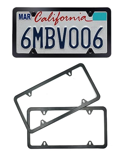 License Plate Frames Black, 2 Pcs 4 Holes Car Licenses Plate Covers Stainless Steel Holders Frame for Plates with Screw Caps.