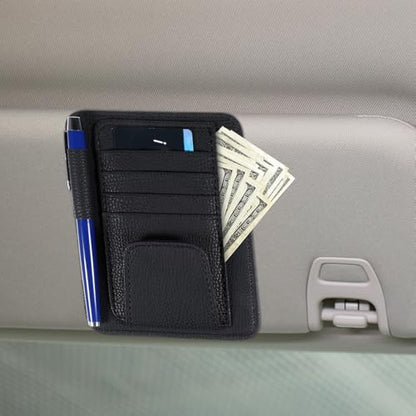 Small Leather Car Sun Visor Organizer and Insurance Card Holder, Auto Car Sun Visor Organizer, Multifunctional Auto Interior Accessories Storage Pocket for Card License Registration Document, Pen, Key