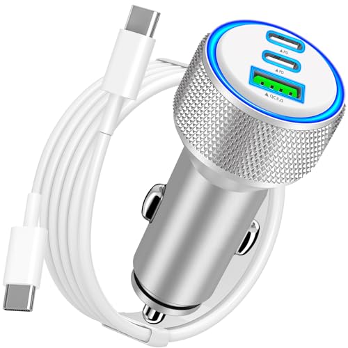 [Apple MFi Certified] iPhone 17 Car Charger, KYOHAYA 3-Port 67W PD/QC Power Adapter USB-C Fast Car Charging Cigarette Lighter with Type-C Cable for iPhone 17/17 Pro Max/16 Pro/15/Galaxy S26/S25/Pixel - color: Carbon Fiber Silver